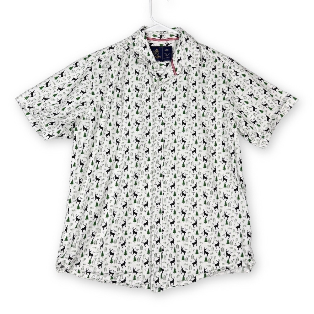 Rugby University Mens White Reindeer Pine Tree Print Cotton Button Down Shirt M
